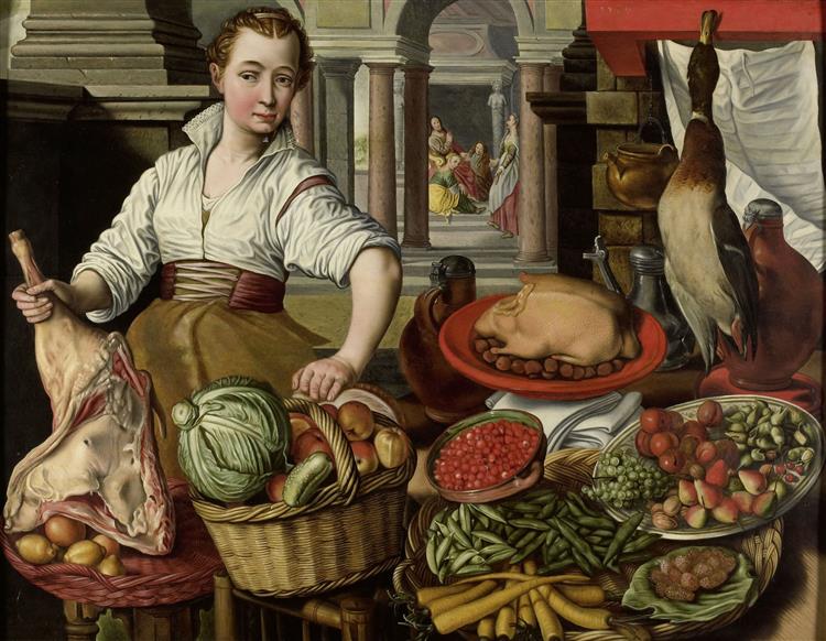 Kitchen scene, with Jesus in the House of Martha and Mary in the background - Joachim Beuckelaer