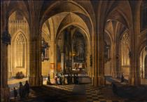 A Nocturnal Interior of a Gothic Cathedral with a Candlelit Procession - Pieter Neefs I