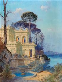 Villa, a Fountain by the Lake in the Foreground - Ferdinand Knab