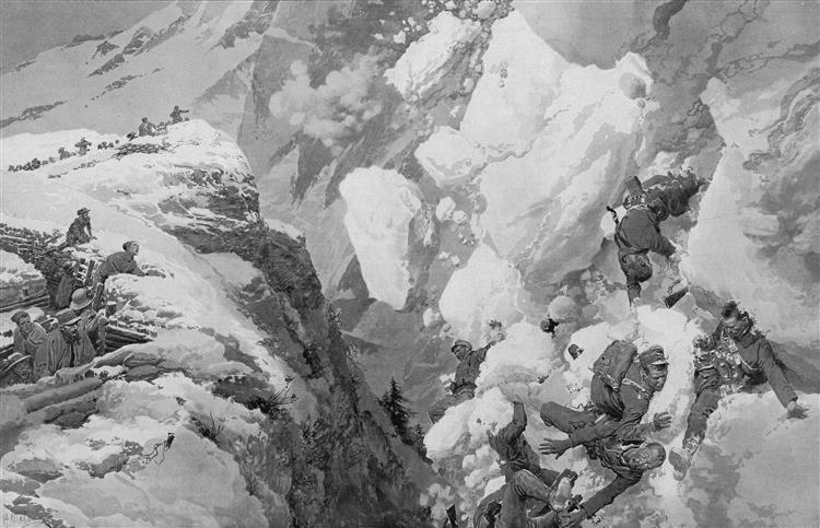 Austro-Hungarian troops being swept away by an avalanche on the Italian Front (27 May 1916), 1916 - Fortunino Matania