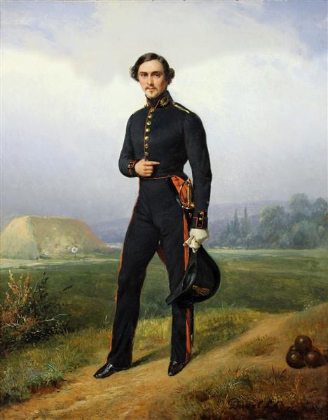 Alexandre Legros in gunner's uniform in a haystack landscape, c.1835 - Pierre Duval Le Camus