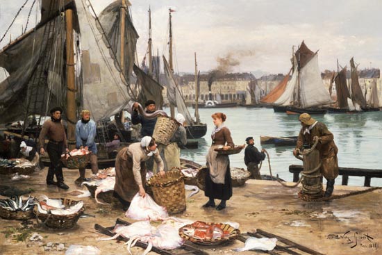 Fishermen unloading goods - Victor Gilbert