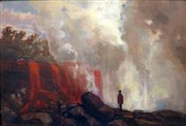 Man Watching Volcano Lava Falls - Charles Furneaux