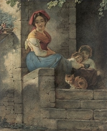 Young Italian from Olevano with children and cat, 1850 - Ernst Meyer