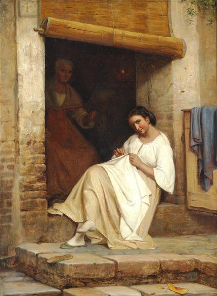 Street scene Rome, a young girl at her neddlework, 1865 - Карл Блох