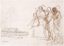 Seated figure surrounded by standing figures. Study for Isabella the Catholic dictating her will - Eduardo Rosales