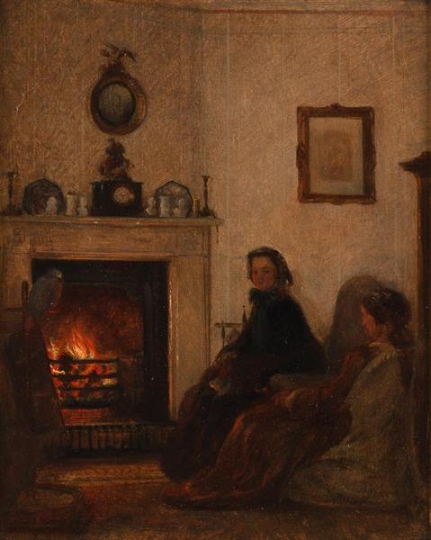 Two young women are warming themselves in the fireplace room, looking at the tame parrot, 1856 - Felix Schlesinger
