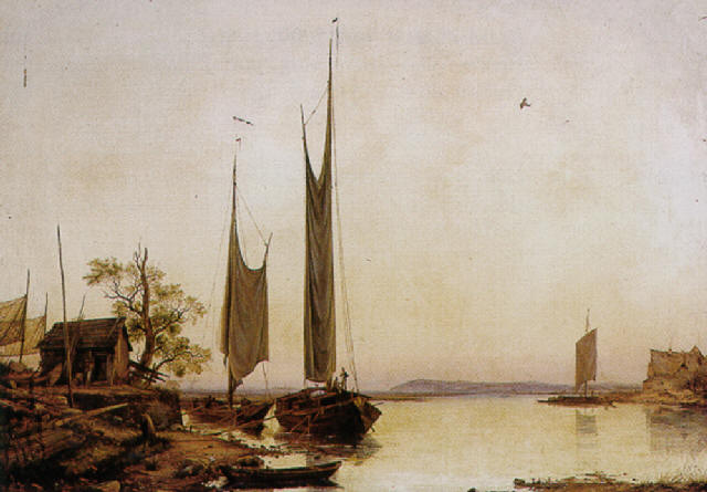 Evening Elbe landscape with moored fishing barges, 1839 - Carl Julius von Leypold