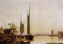 Evening Elbe landscape with moored fishing barges - Carl Julius von Leypold