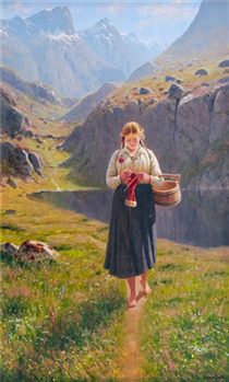 A girl knitting in a Norwegian landscape - Hans Dahl