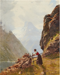 Girl in Norwegian fjord landscape - Hans Dahl
