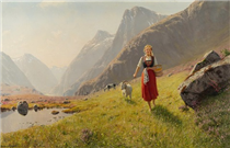 Girl with a wooden bucket leading goats - Hans Dahl