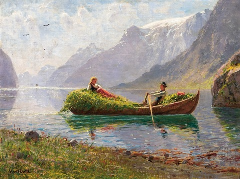 Fjord Landscape with Rowing-Boat, Harvest - Hans Dahl