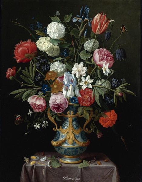Still life of irises, peonies, narcissi, a tulip and other flowers in a blue-and-white porcelain vase with ormolu mounts on a draped pedestal, 1652 - Jan van Kessel the Elder