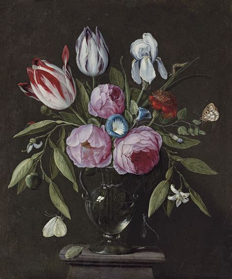 Roses, tulips, an iris and other flowers, in a glass vase on a stone plinth, with butterflies and other insects - Jan van Kessel the Elder
