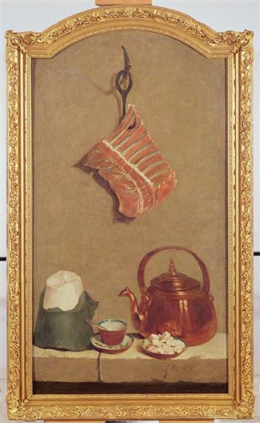 Still Life with meat, kettle, cup, sugar loaf and sugar lumps - Жан-Батіст Одрі