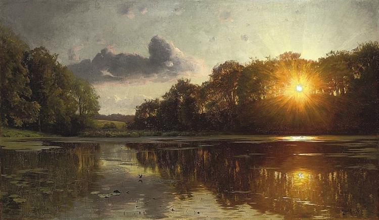 Sunset over a forest lake - Peder Mørk Mønsted