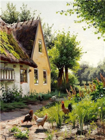 Summer day with chickens in the backyard of a farm - Peder Mørk Mønsted