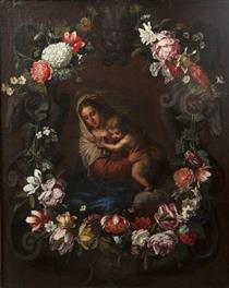 Virgin and Child in a crown of flowers - Erasmus Quellinus the Younger