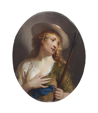 A young shepherdess wearing a straw hat with a shepherd's crook - Erasmus Quellinus the Younger