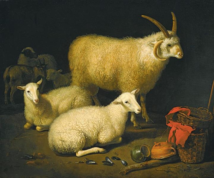A Barn Interior with a Four-Horned Ram and Four Ewes and a Goat - Albert Jacob Cuyp