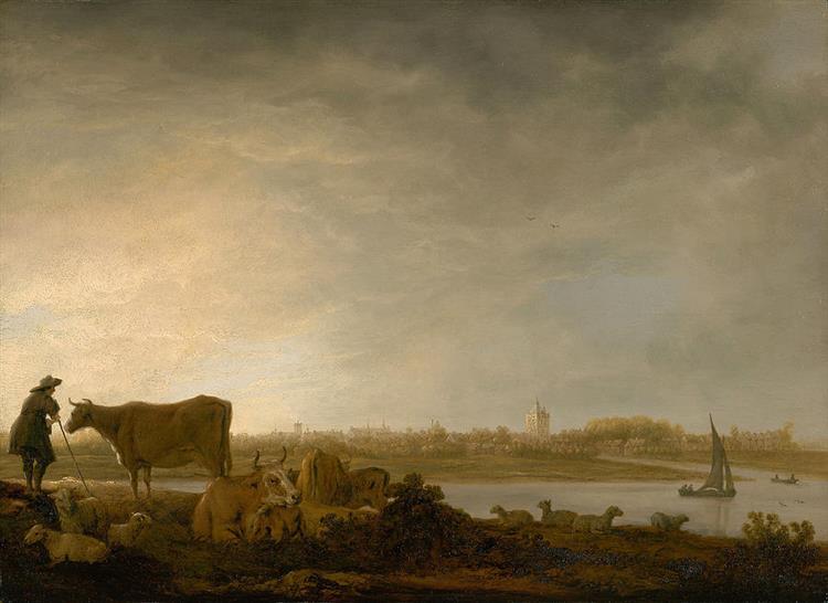 A View of Vianen with a Herdsman and Cattle by a River - Albert Jacob Cuyp
