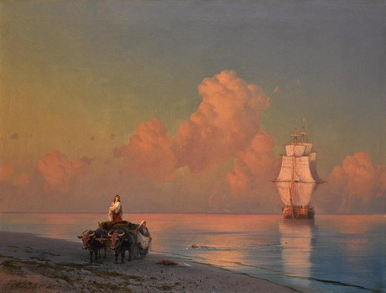 An Ox Drawn Cart on the Shore and a Swimmer in the Shallows - Ivan Konstantinovich Aivazovskii