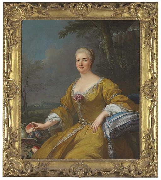 Portrait of the Duchess of Luxembourg, seated three-quarter-length, in an embroidered yellow dress, before a fountain, a landscape beyond - Jacques Aved