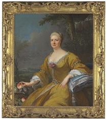 Portrait of the Duchess of Luxembourg, seated three-quarter-length, in an embroidered yellow dress, before a fountain, a landscape beyond - Jacques Aved