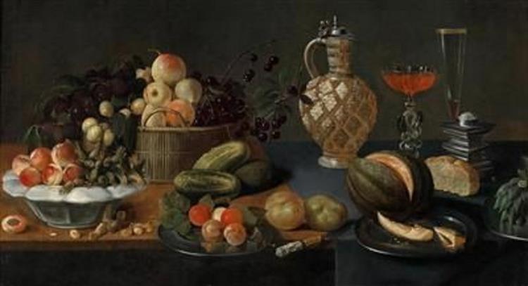 A basket with apples, cherries and plums, a dish with peaches and hazelnuts and plates with apricots and a melon, cucumbers, bread and pears on a table top - Хуан Ван дер Амен