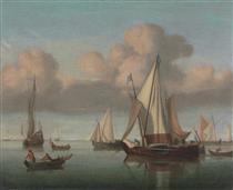 A Kaag At Anchor With Sails Hoisted And A State Yacht - Willem van de Velde the Younger