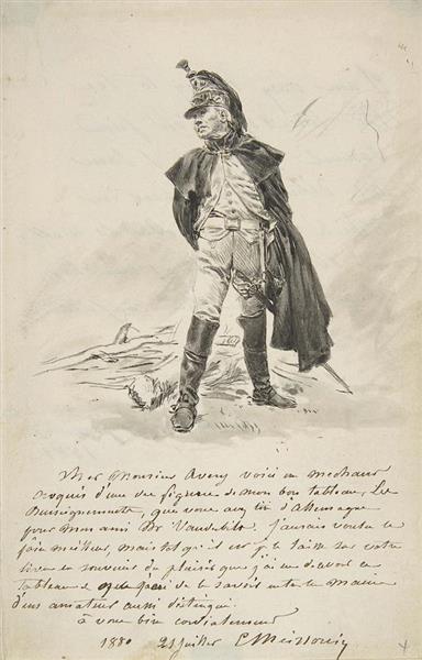 Letter to Samuel P Avery with a Drawing of a Military - Jean-Louis-Ernest Meissonier