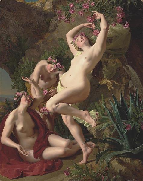 Three Graces Garlanded with Roses - Ferdinand Georg Waldmüller