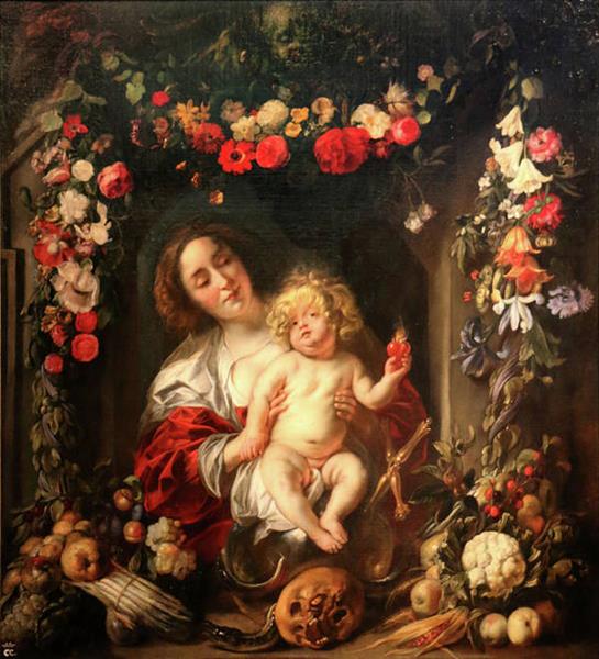 Mary and the Child in a crown of flowers, fruits and vegetables - Jacob Jordaens