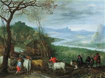A Landscape with Herdsmen Driving Cattle to a Village - Jan Brueghel, o Velho