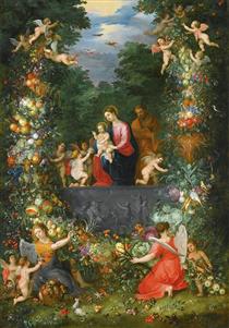 The Holy Family Within a Garland of Fruit Flowers - Ян Брейгель Молодший
