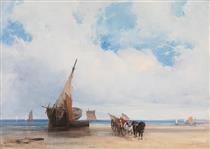 Beached Vessels and a Wagon near Trouville France - Richard Parkes Bonington