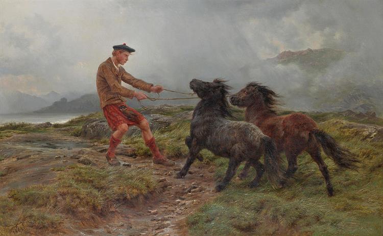 A Ghillie and Two Shetland Ponies in a Misty Landscape - Rosa Bonheur