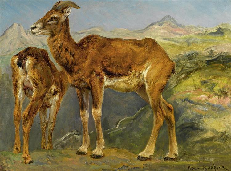 A Sketch of Two Mountain Goats in a Landscape - Rosa Bonheur
