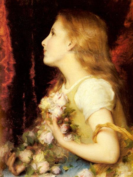 A young girl with a basket of flowers - Adolphe Piot