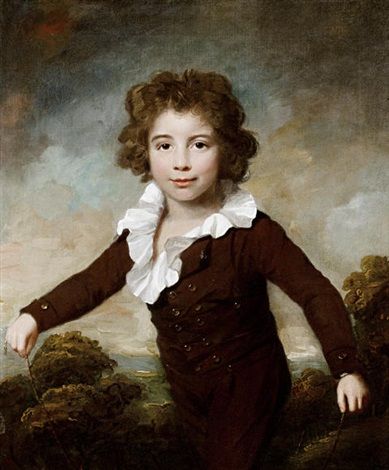 Portrait of a young boy in a brown coat and breeches, holding a skipping rope before a landscape - Lemuel Francis Abbott