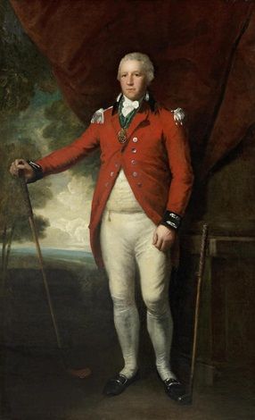 Portrait of Henry Callender standing full-length in a landscape in the attire of Captain General of the Blackheath Golf Club holding a wooden headed spoon with a metal headed blade putter by his side - Lemuel Francis Abbott