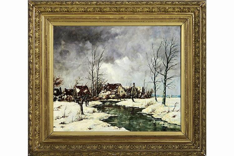 Winterlandschap met huizen aan rivier - Arnold Marc Gorter