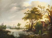 Landskapsbild med sjö och stad i bakgrunden - Carl Abraham Rothstén