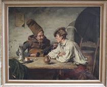 Two man in historic costumes making music in an inn - Eduard Gebhardt