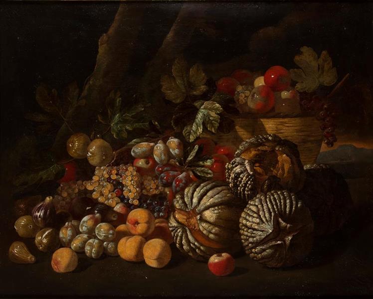 Still life with fruit in a landscape - Giovanni Battista Ruoppolo