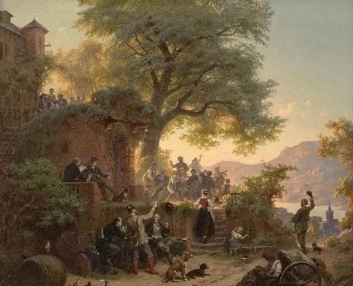 TAVERN AT THE RHINE IN THE EVENING - Hans Brunner