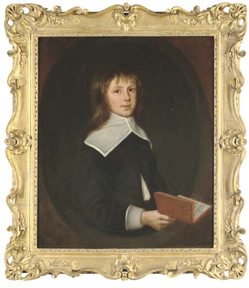 Portrait of Thomas Oxenden of Maydeken, Barham, aged 9, half-length, in a black coat with white collar and cuffs, holding a book in his right hand, feigned oval - Henry Gibbs