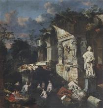 Classical Ruins with Diana and Nymphs Bathing - Jan Griffier I
