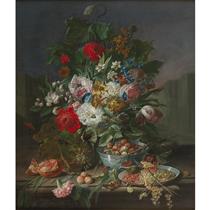 Bouquet de fleurs et coupes de fruits sur un entablement dans un paysage - Jan van Os